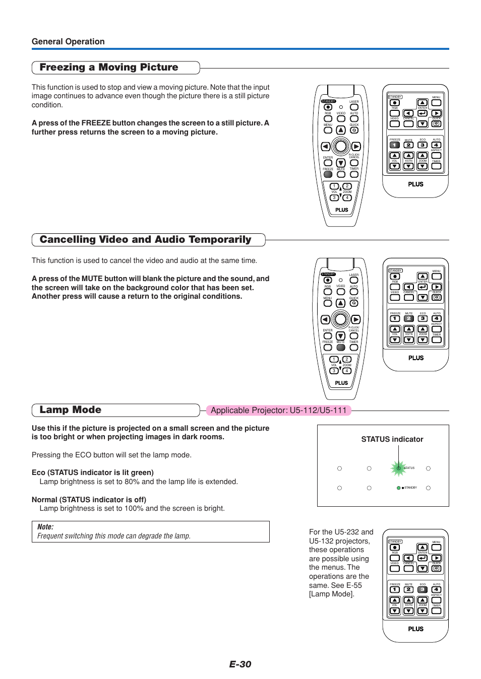 Freezing a moving picture, Cancelling video and audio temporarily, Lamp mode | E-30, General operation | PLUS Vision U5-111 User Manual | Page 31 / 72