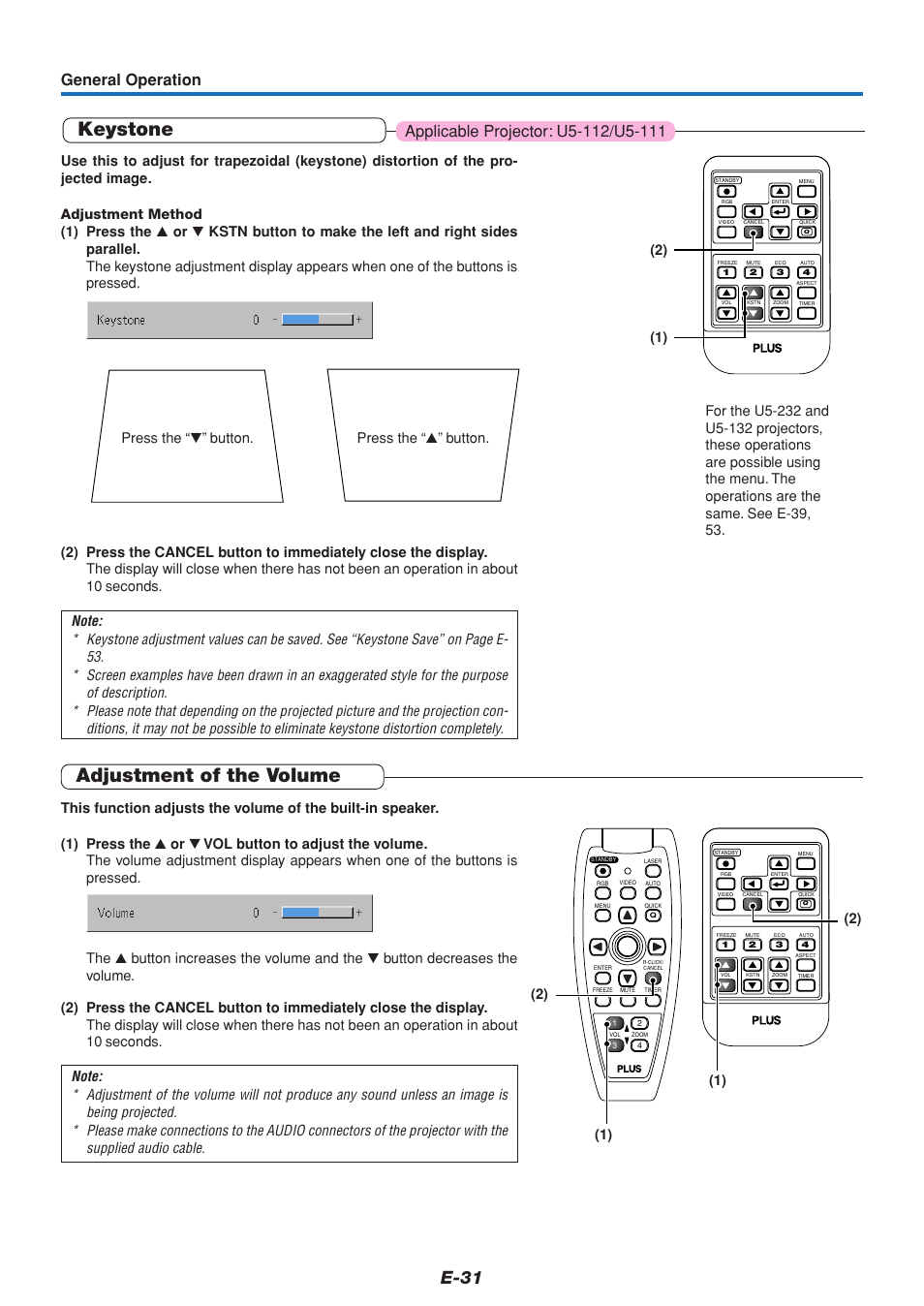 Keystone, Adjustment of the volume, E-31 | General operation | PLUS Vision U5-111 User Manual | Page 32 / 72