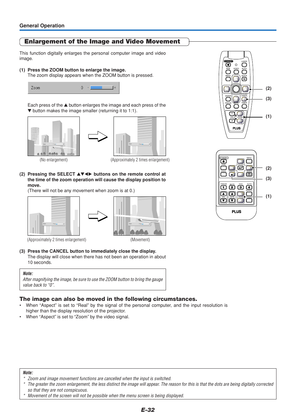 Enlargement of the image and video movement, E-32, General operation | PLUS Vision U5-111 User Manual | Page 33 / 72
