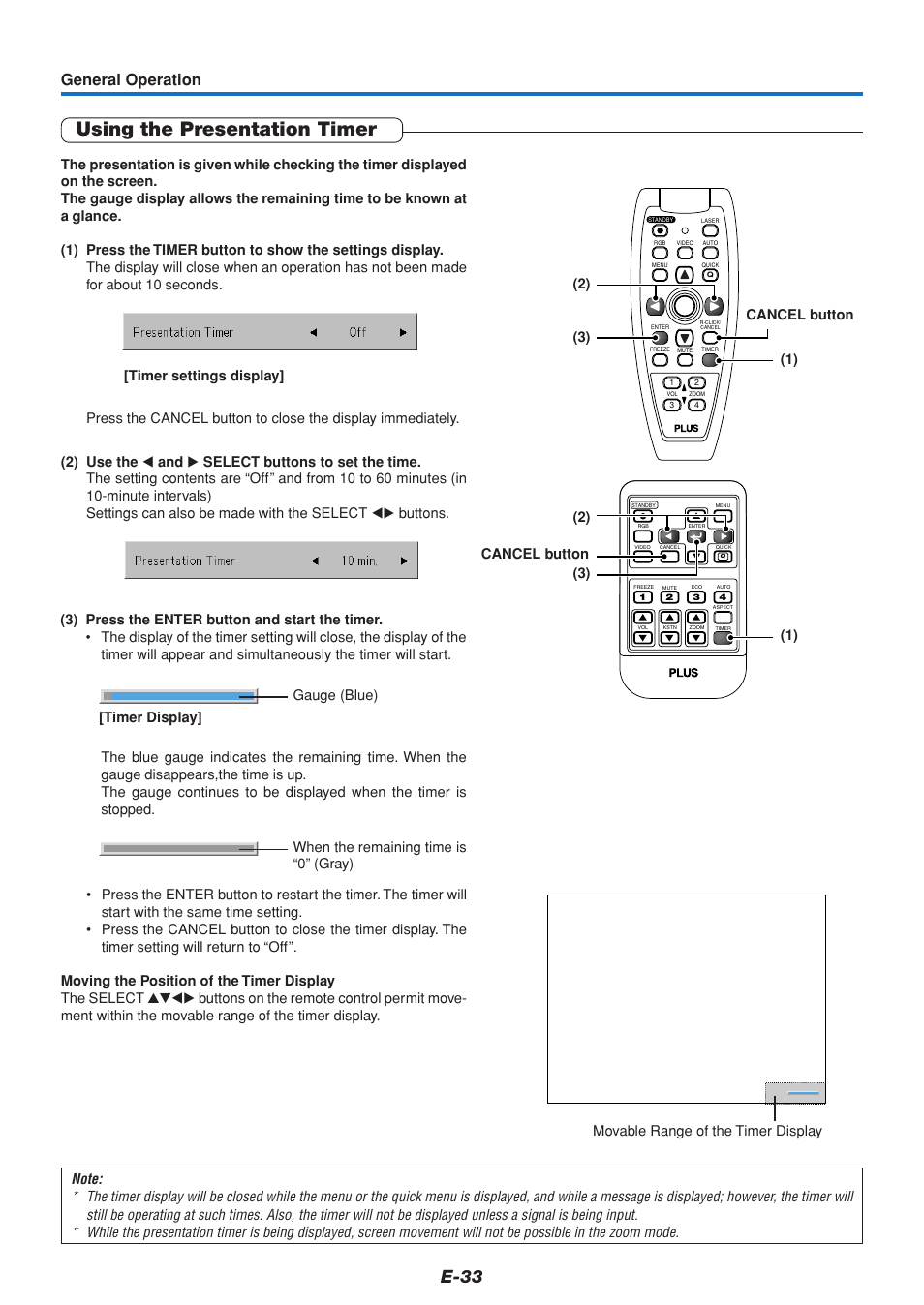Using the presentation timer, E-33, General operation | PLUS Vision U5-111 User Manual | Page 34 / 72