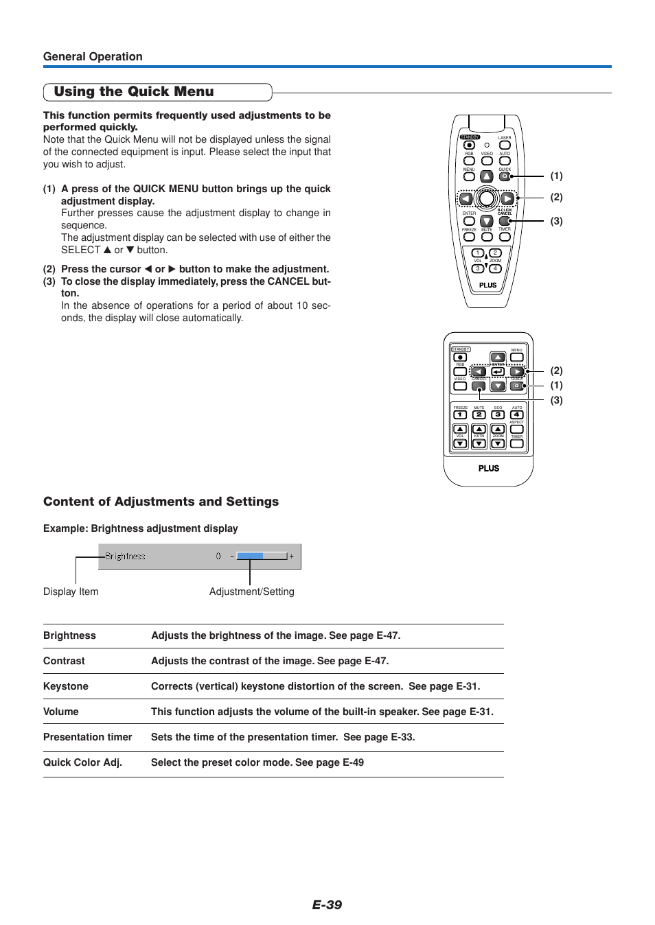 Using the quick menu, E-39, Content of adjustments and settings | General operation | PLUS Vision U5-111 User Manual | Page 40 / 72