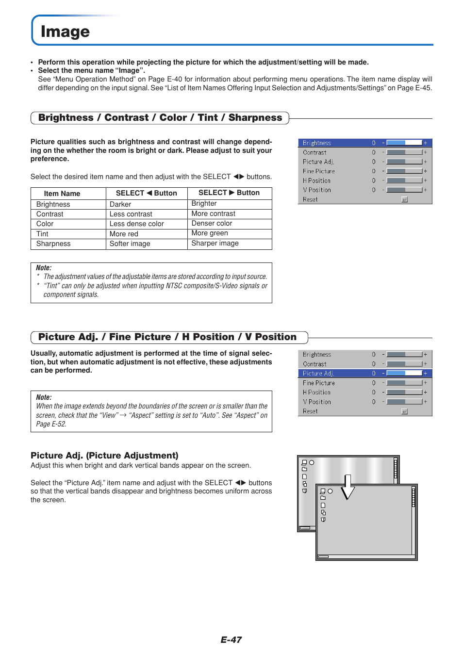 Image, Brightness / contrast / color / tint / sharpness | PLUS Vision U5-111 User Manual | Page 48 / 72