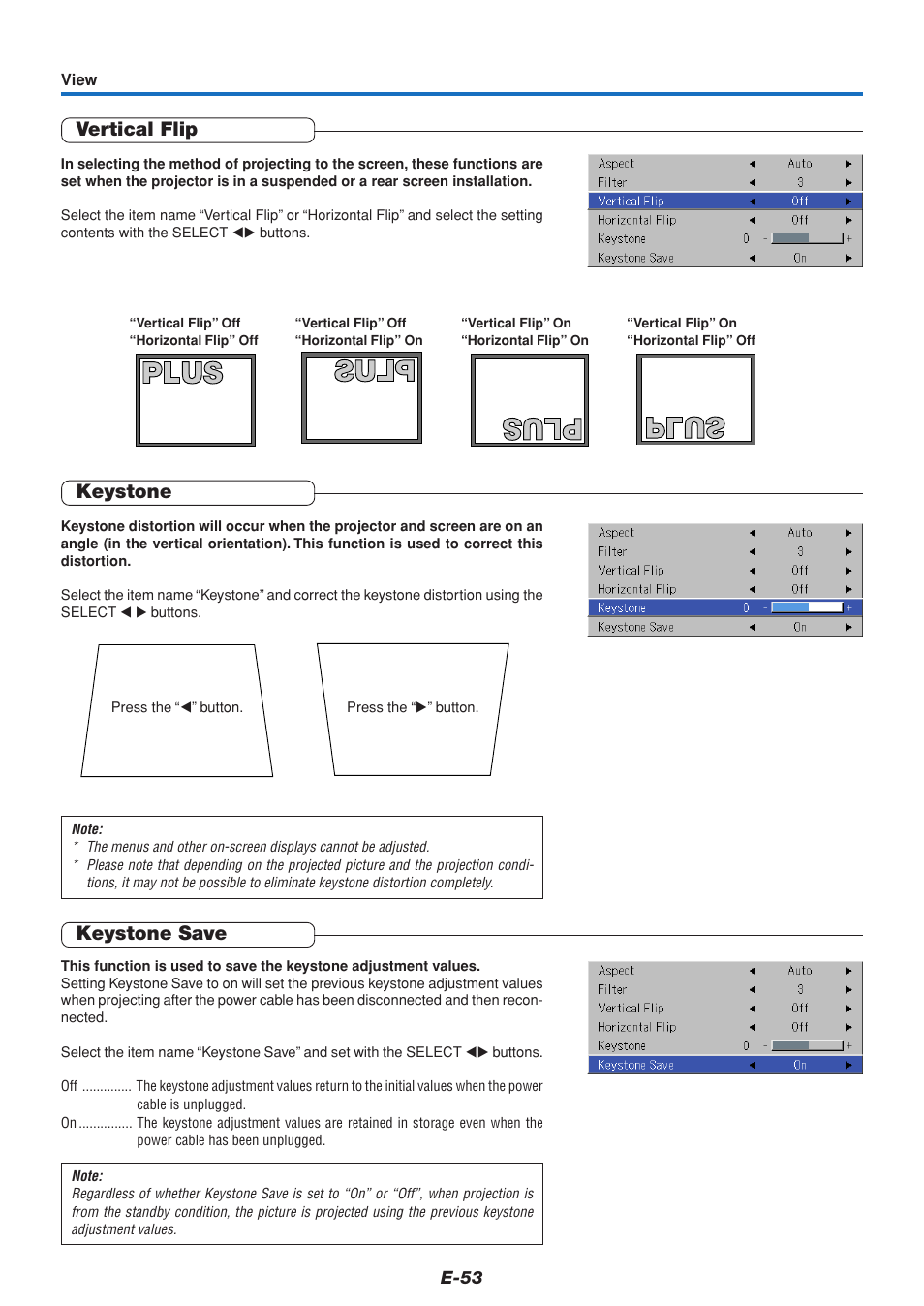 Vertical flip, Keystone, Keystone save | PLUS Vision U5-111 User Manual | Page 54 / 72