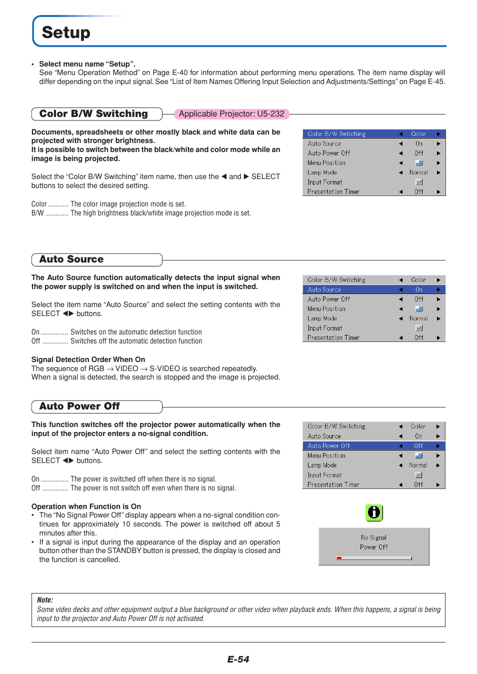 Setup, Color b/w switching, Auto source | Auto power off | PLUS Vision U5-111 User Manual | Page 55 / 72
