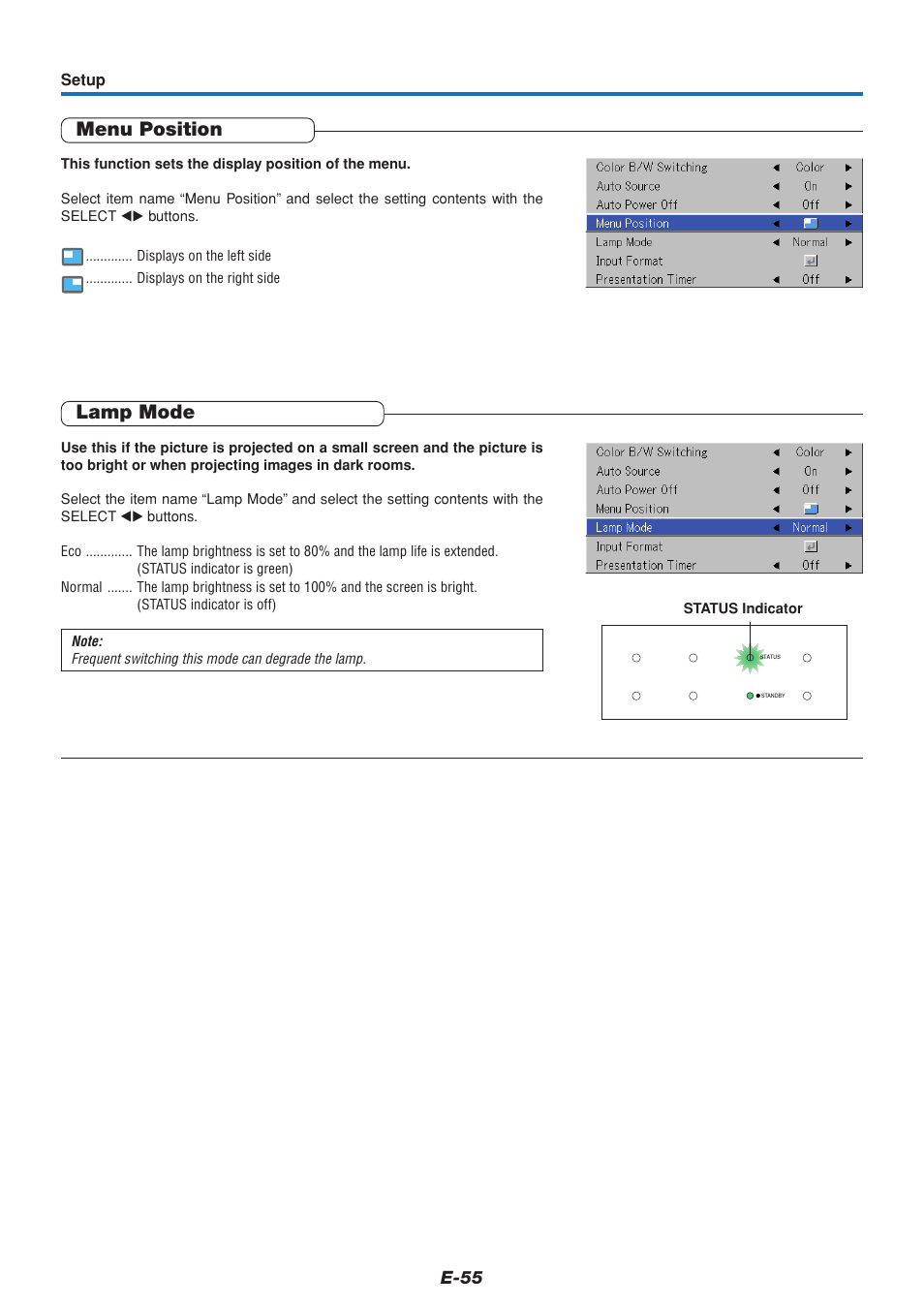 Menu position, Lamp mode, E-55 | PLUS Vision U5-111 User Manual | Page 56 / 72