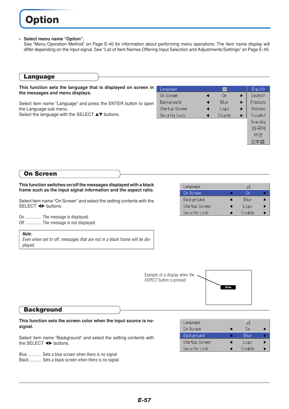 Option, Language, On screen | Background | PLUS Vision U5-111 User Manual | Page 58 / 72