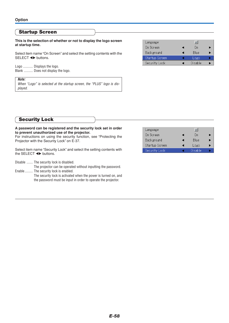 Startup screen, Security lock | PLUS Vision U5-111 User Manual | Page 59 / 72