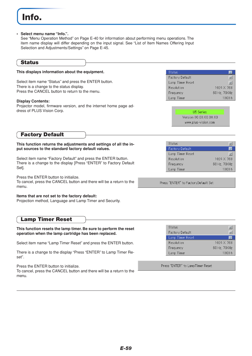Info, Status, Factory default | Lamp timer reset | PLUS Vision U5-111 User Manual | Page 60 / 72