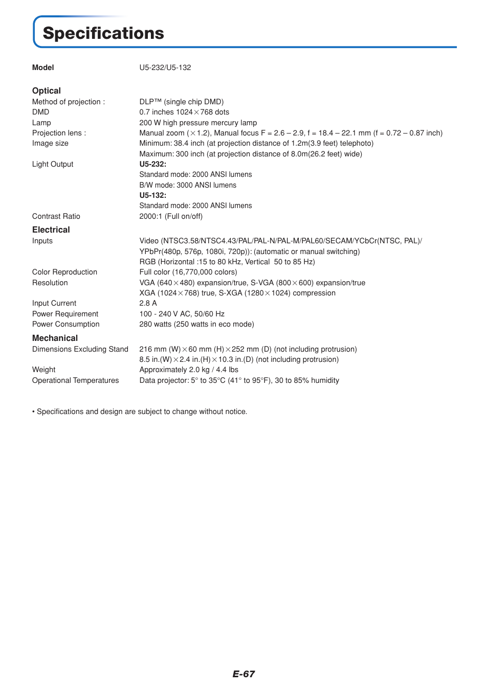 Specifications | PLUS Vision U5-111 User Manual | Page 68 / 72