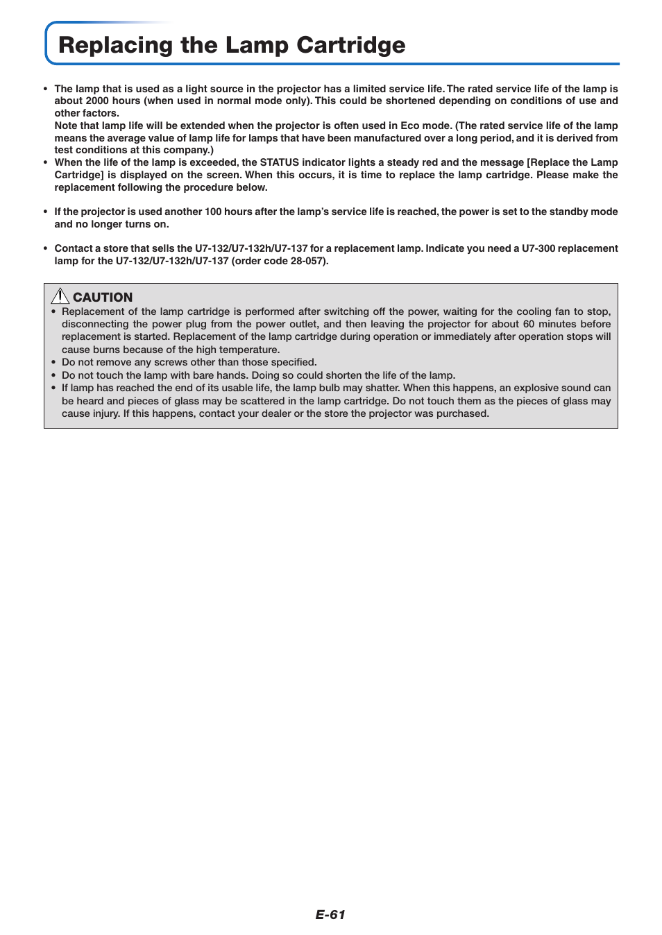Replacing the lamp cartridge | PLUS Vision U7-137 User Manual | Page 61 / 67