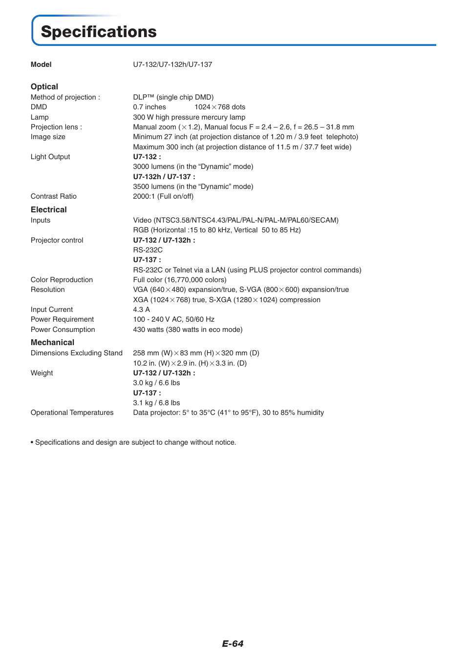 Specifications | PLUS Vision U7-137 User Manual | Page 64 / 67