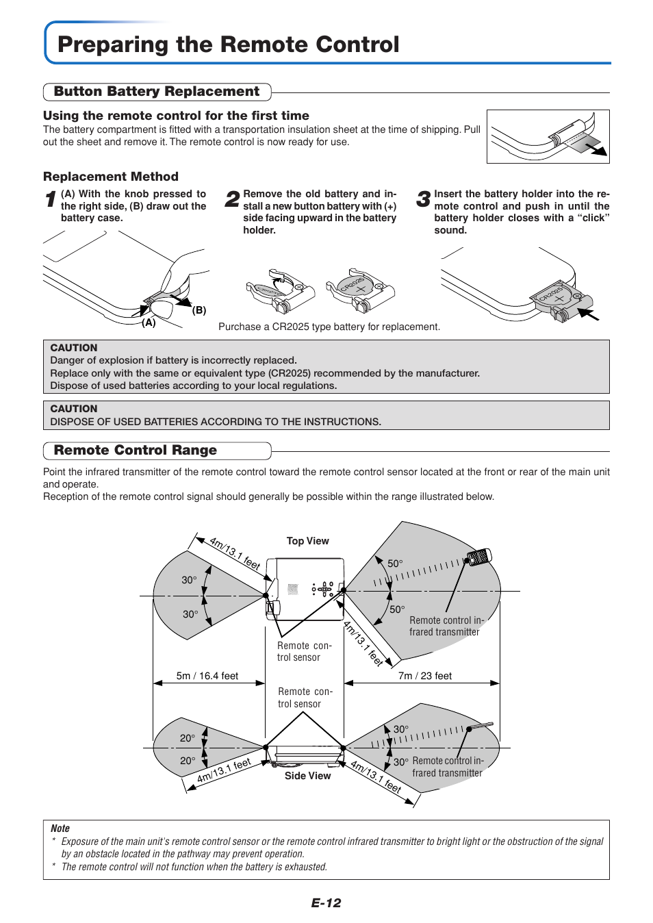 Preparing the remote control, Button battery replacement, Remote control range | PLUS Vision U4-232 User Manual | Page 12 / 64