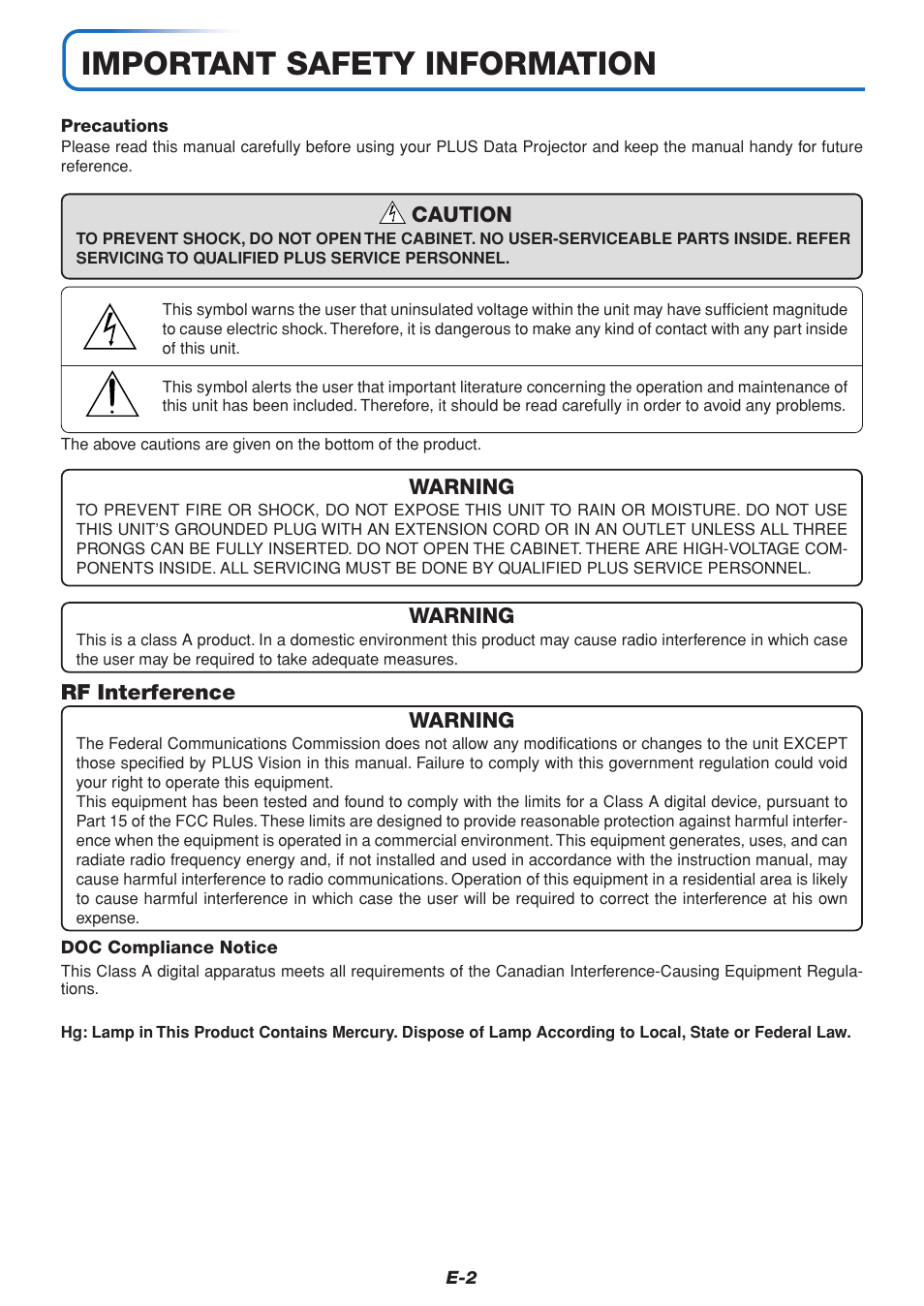 Important safety information | PLUS Vision U4-232 User Manual | Page 2 / 64