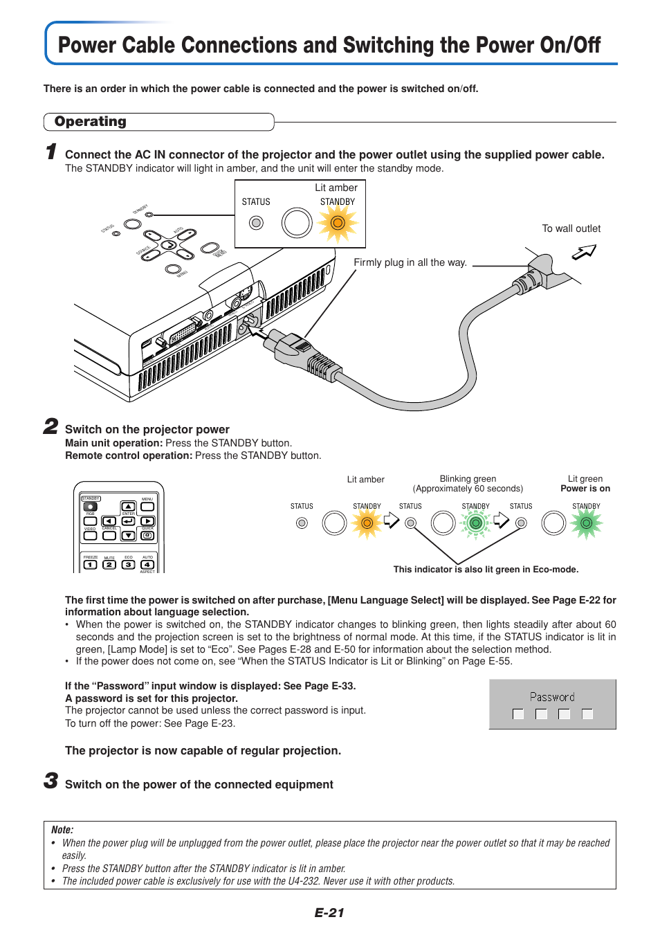 Operating, E-21, Switch on the projector power | The projector is now capable of regular projection, Switch on the power of the connected equipment | PLUS Vision U4-232 User Manual | Page 21 / 64