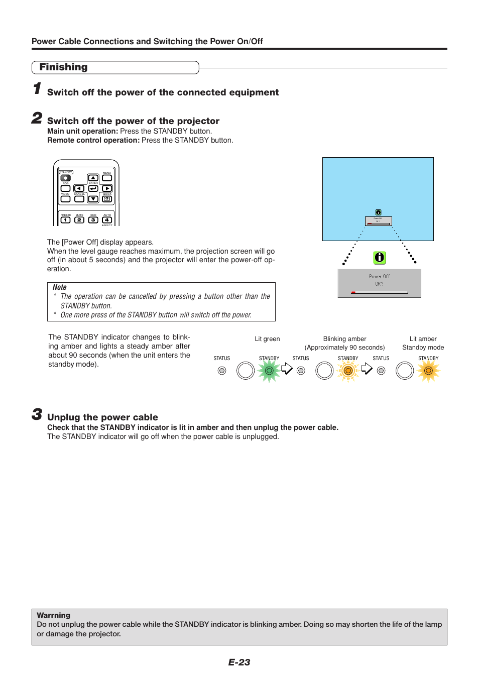 Finishing, E-23, Switch off the power of the connected equipment | Switch off the power of the projector, Unplug the power cable | PLUS Vision U4-232 User Manual | Page 23 / 64