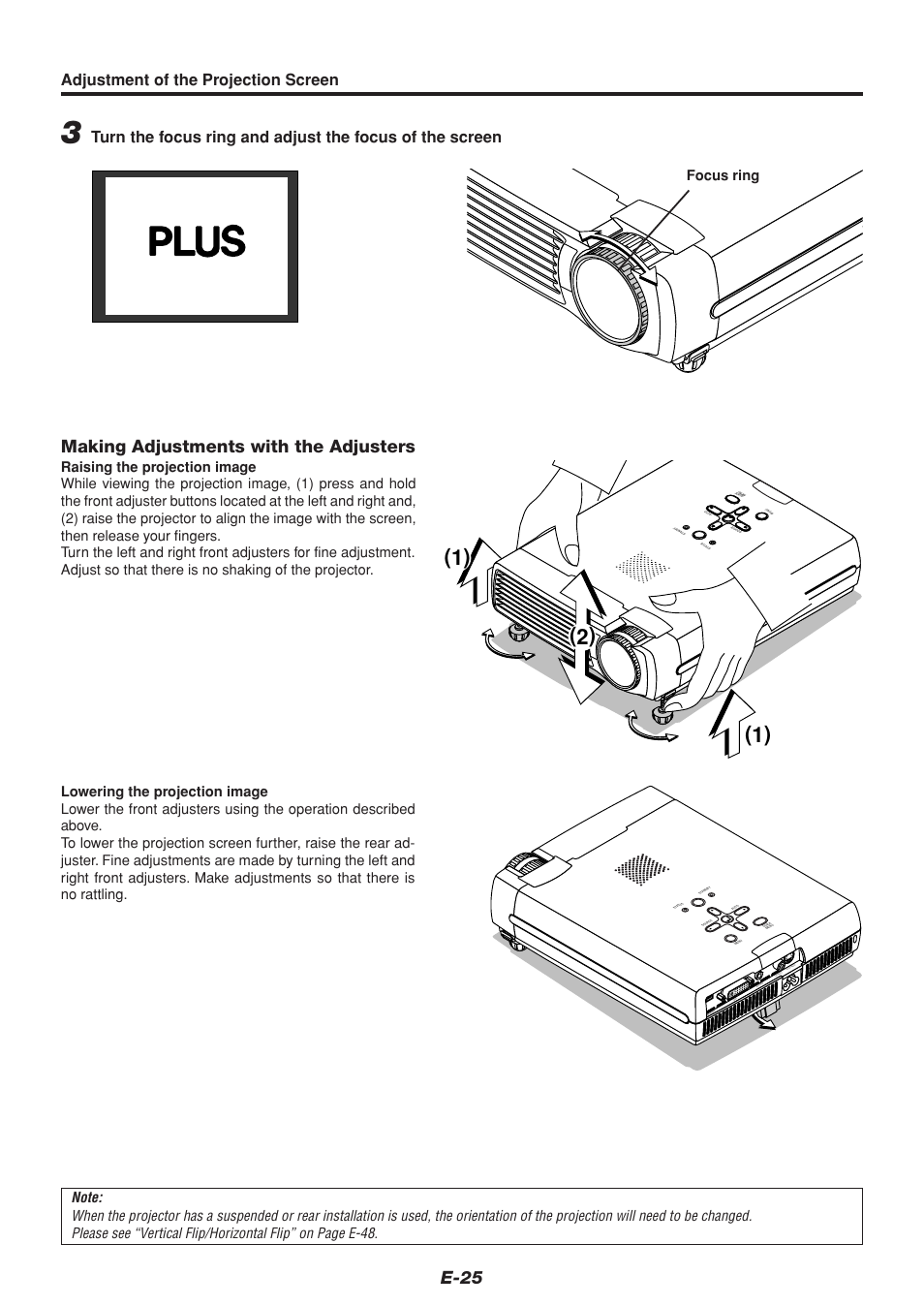 E-25, Making adjustments with the adjusters, Adjustment of the projection screen | Focus ring | PLUS Vision U4-232 User Manual | Page 25 / 64