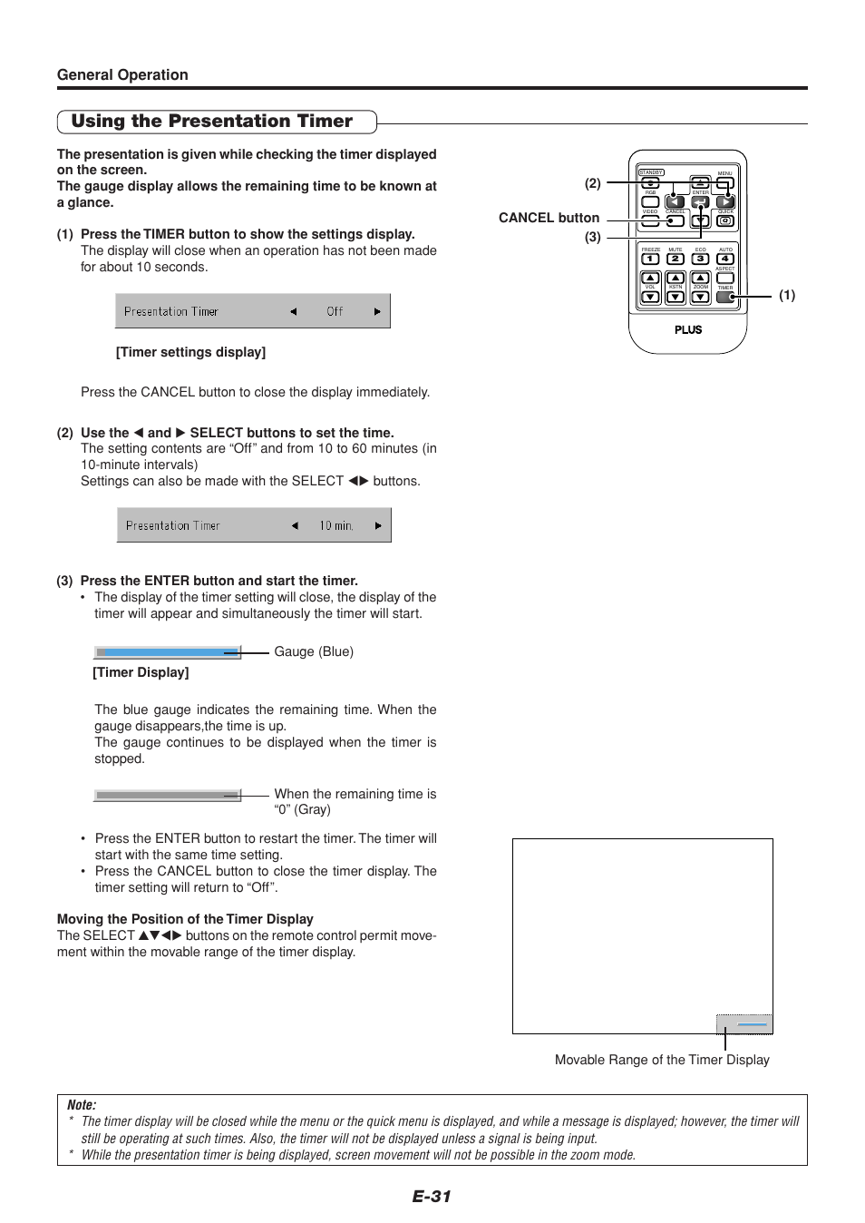 Using the presentation timer, E-31, General operation | PLUS Vision U4-232 User Manual | Page 31 / 64
