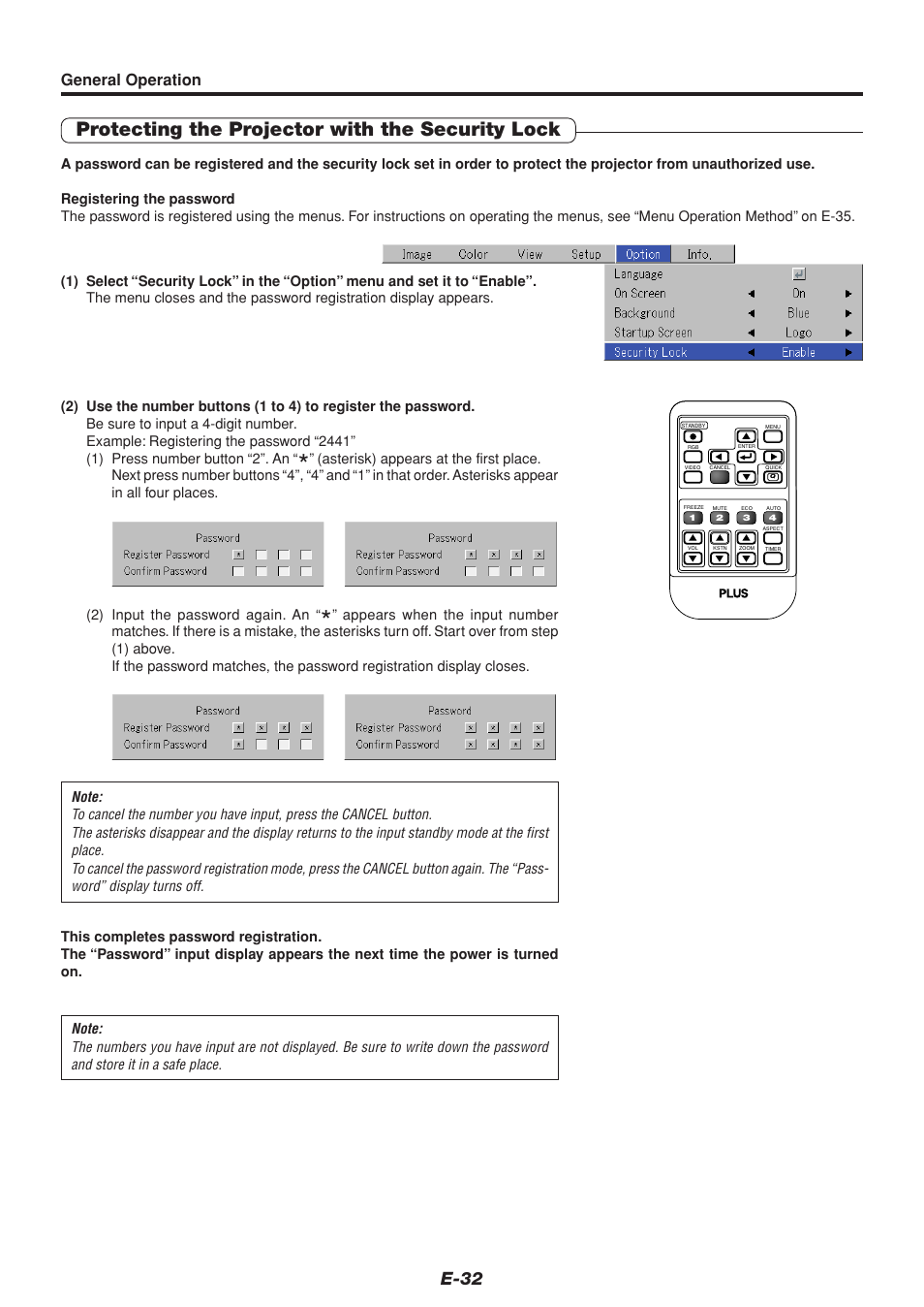 Protecting the projector with the security lock, E-32, General operation | PLUS Vision U4-232 User Manual | Page 32 / 64