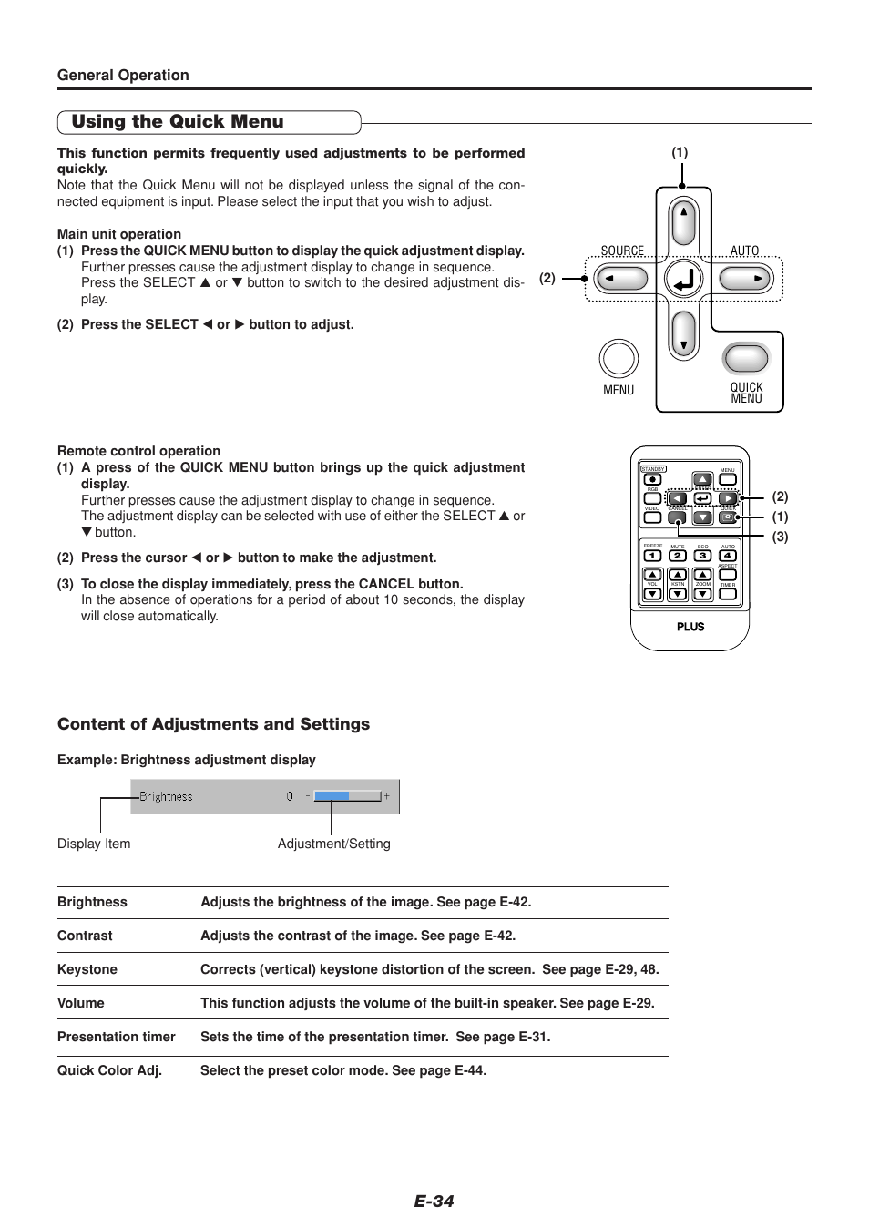 Using the quick menu, E-34, Content of adjustments and settings | General operation | PLUS Vision U4-232 User Manual | Page 34 / 64