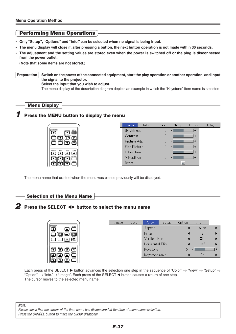 Performing menu operations, E-37, Menu operation method | PLUS Vision U4-232 User Manual | Page 37 / 64