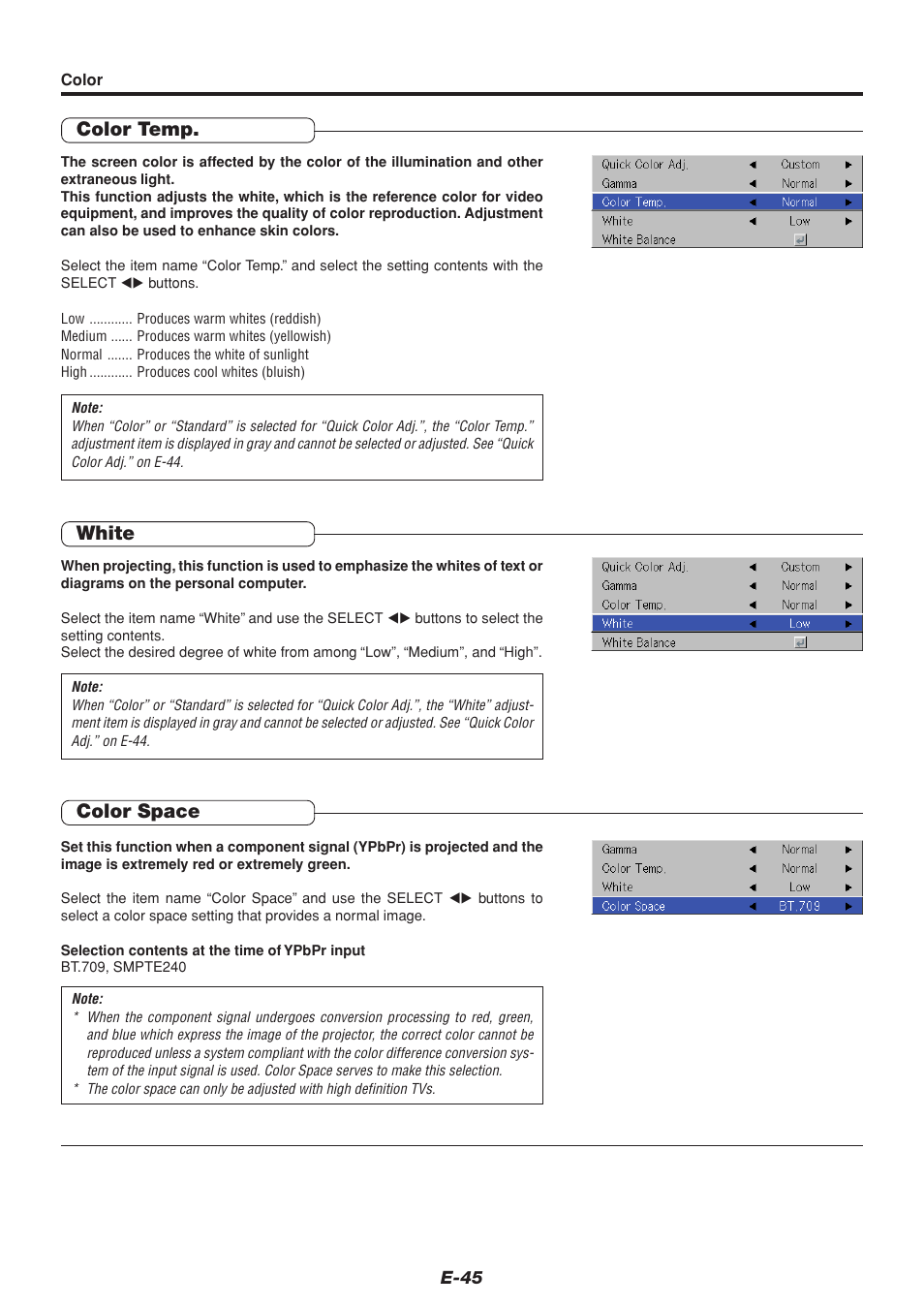 Color temp, White, Color space | PLUS Vision U4-232 User Manual | Page 45 / 64