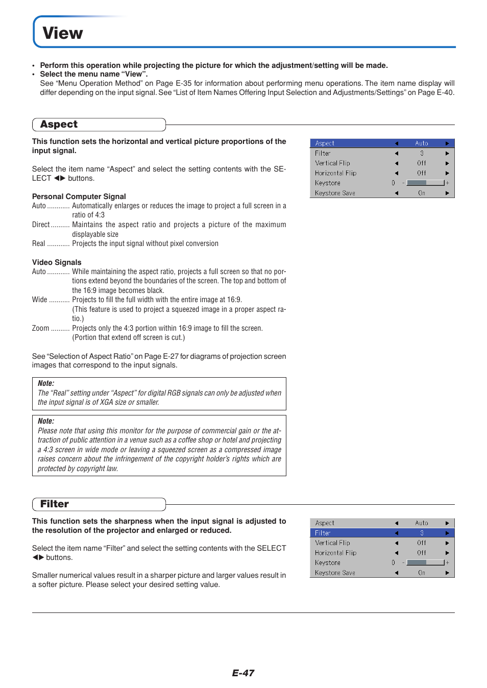View, Aspect, Filter | PLUS Vision U4-232 User Manual | Page 47 / 64