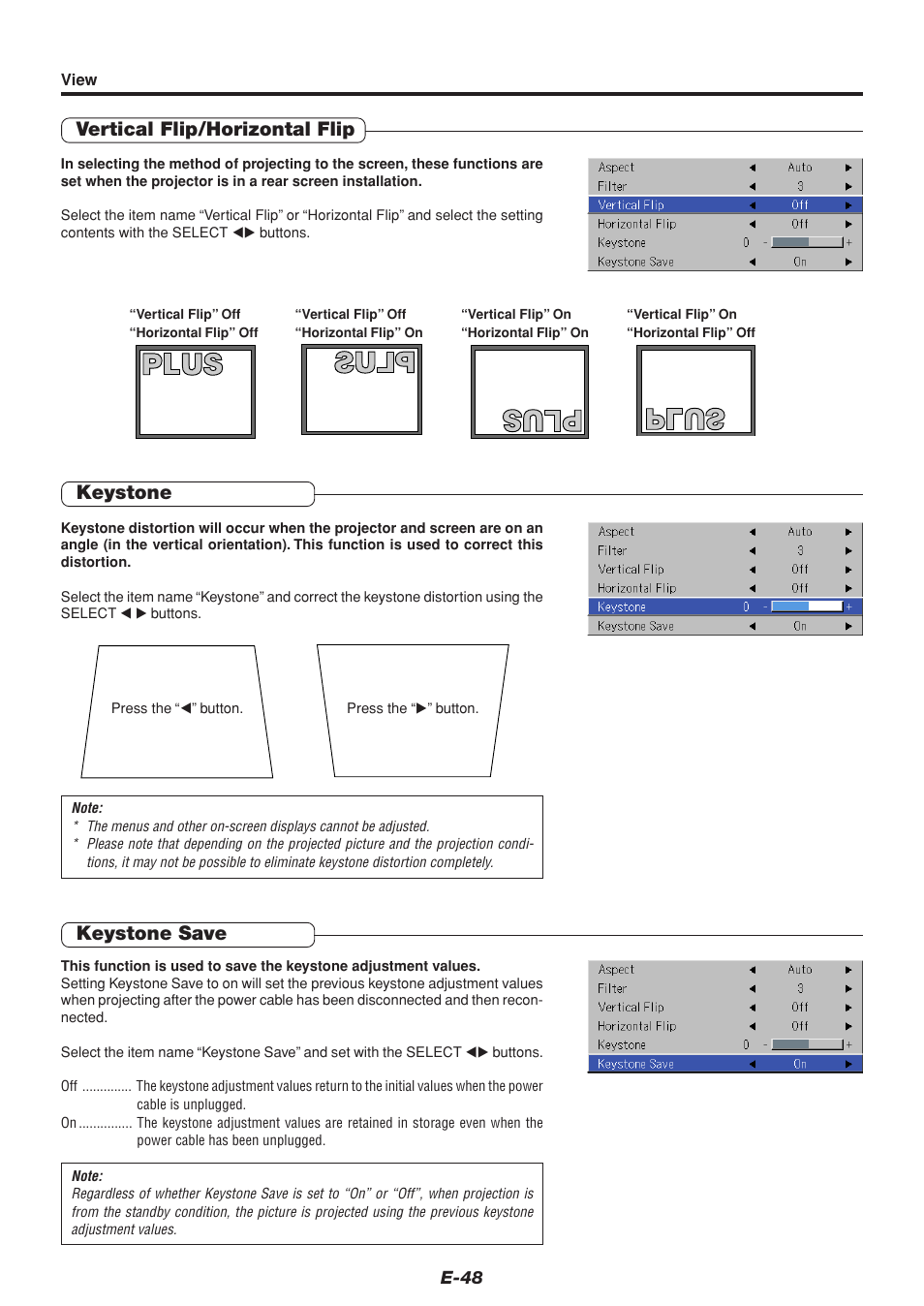 Vertical flip/horizontal flip, Keystone, Keystone save | PLUS Vision U4-232 User Manual | Page 48 / 64