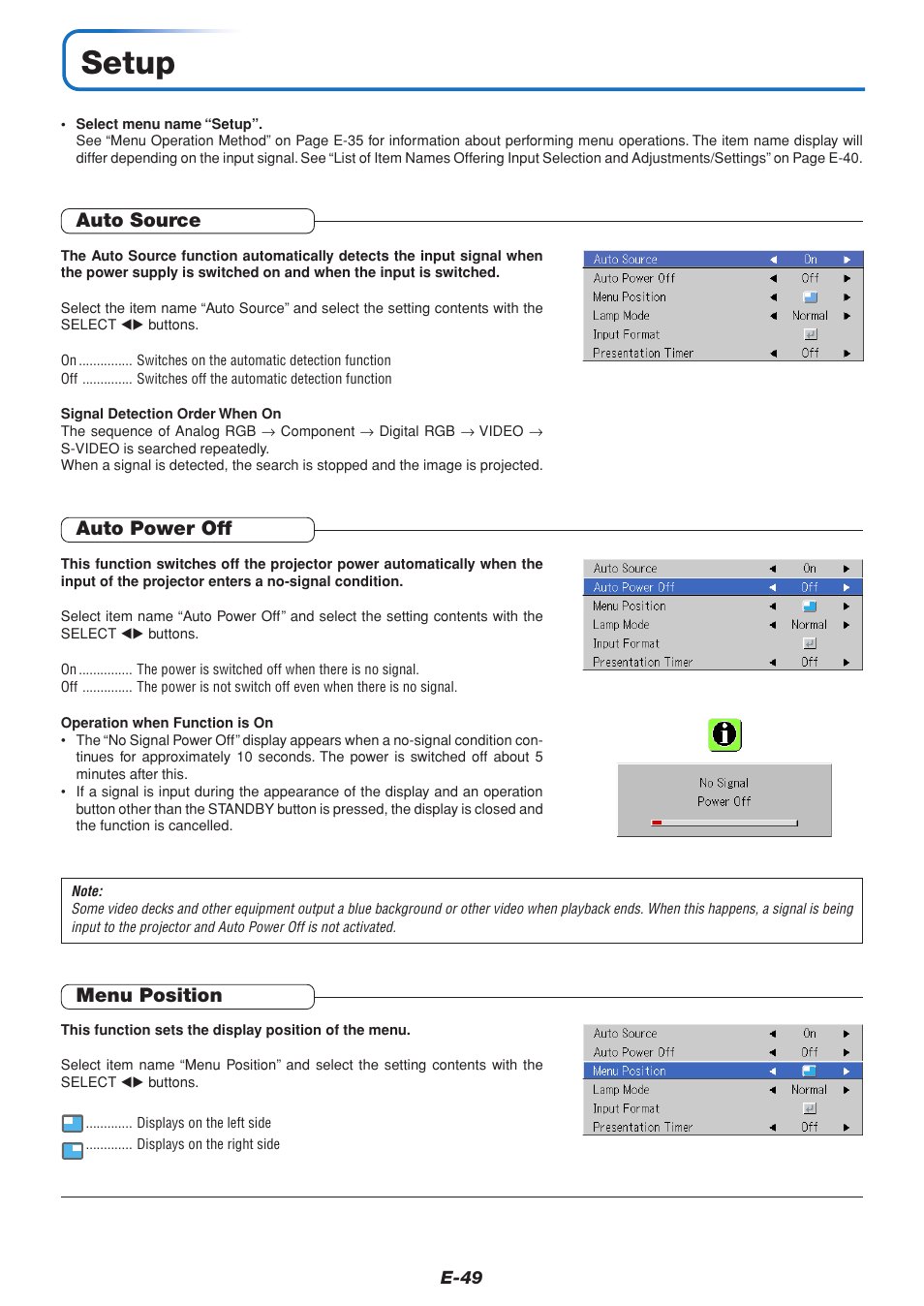 Setup, Auto source, Auto power off | Menu position | PLUS Vision U4-232 User Manual | Page 49 / 64