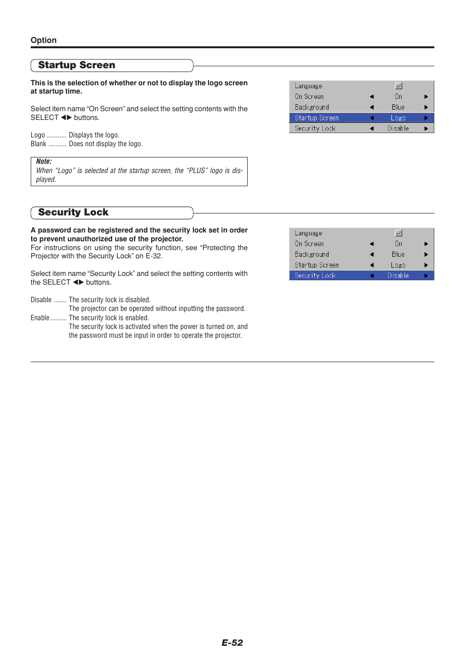 Startup screen, Security lock | PLUS Vision U4-232 User Manual | Page 52 / 64