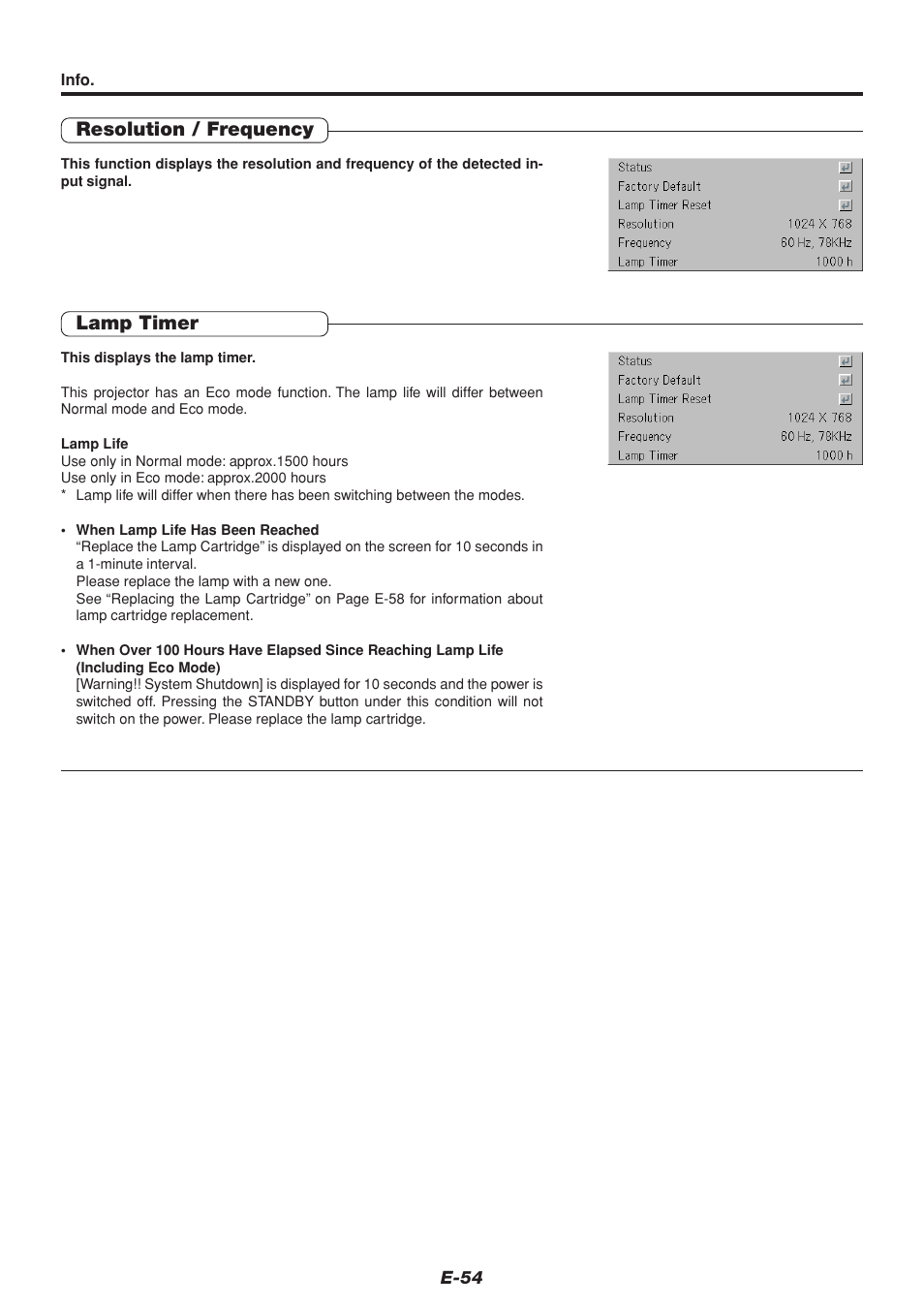 Resolution / frequency, Lamp timer | PLUS Vision U4-232 User Manual | Page 54 / 64