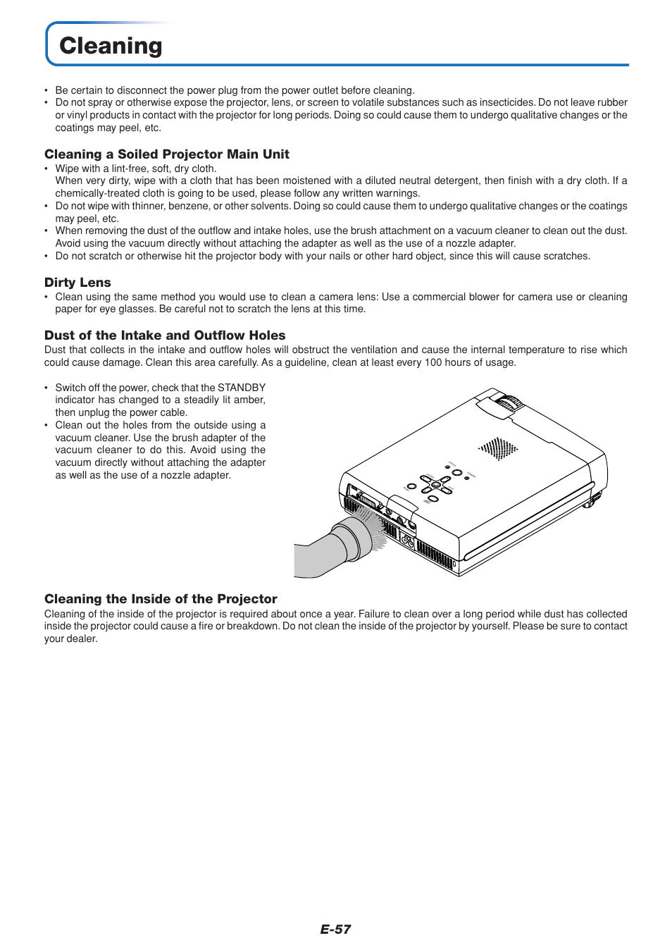 Cleaning, E-57, Cleaning a soiled projector main unit | Dirty lens, Dust of the intake and outflow holes, Cleaning the inside of the projector | PLUS Vision U4-232 User Manual | Page 57 / 64