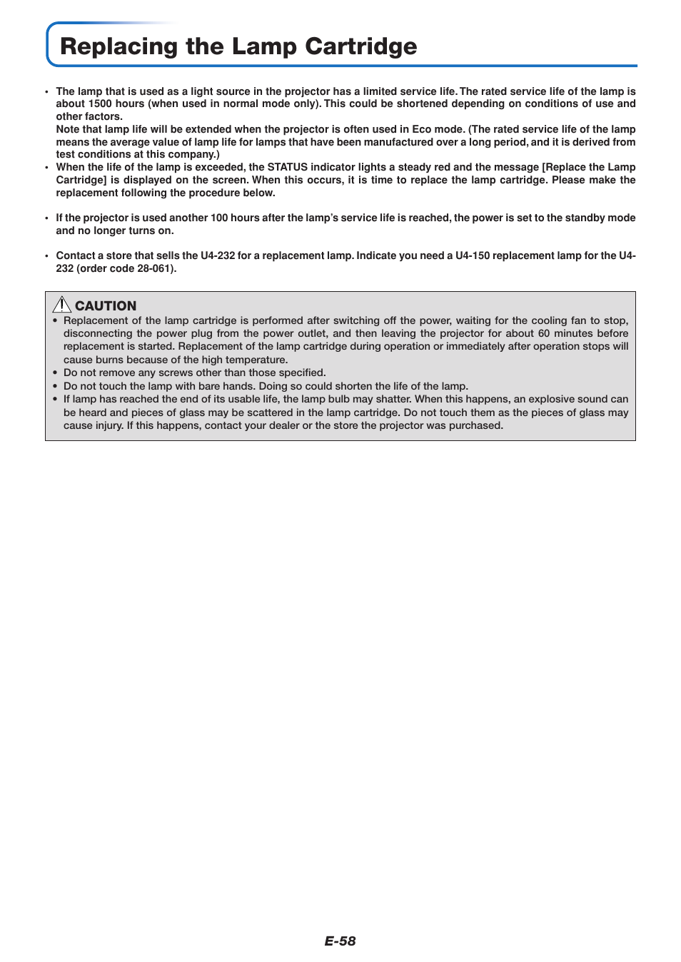 Replacing the lamp cartridge | PLUS Vision U4-232 User Manual | Page 58 / 64