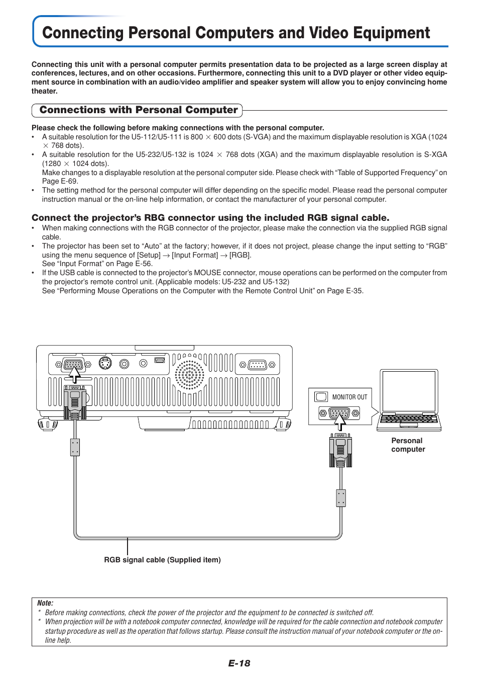 Connecting personal computers and video equipment, Connections with personal computer | PLUS Vision U5-232 User Manual | Page 19 / 72