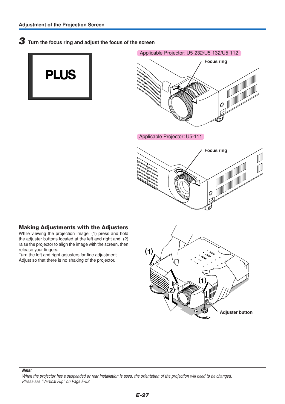 E-27, Making adjustments with the adjusters, Adjustment of the projection screen | Focus ring, Adjuster button focus ring | PLUS Vision U5-232 User Manual | Page 28 / 72