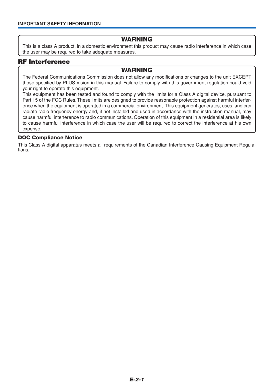 Warning, Rf interference warning | PLUS Vision U5-232 User Manual | Page 3 / 72