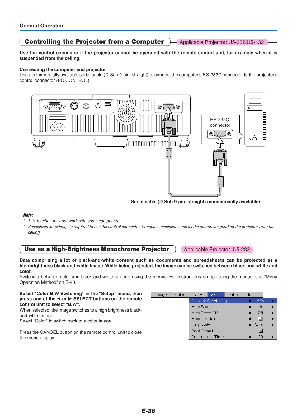 Controlling the projector from a computer, Use as a high-brightness monochrome projector | PLUS Vision U5-232 User Manual | Page 37 / 72