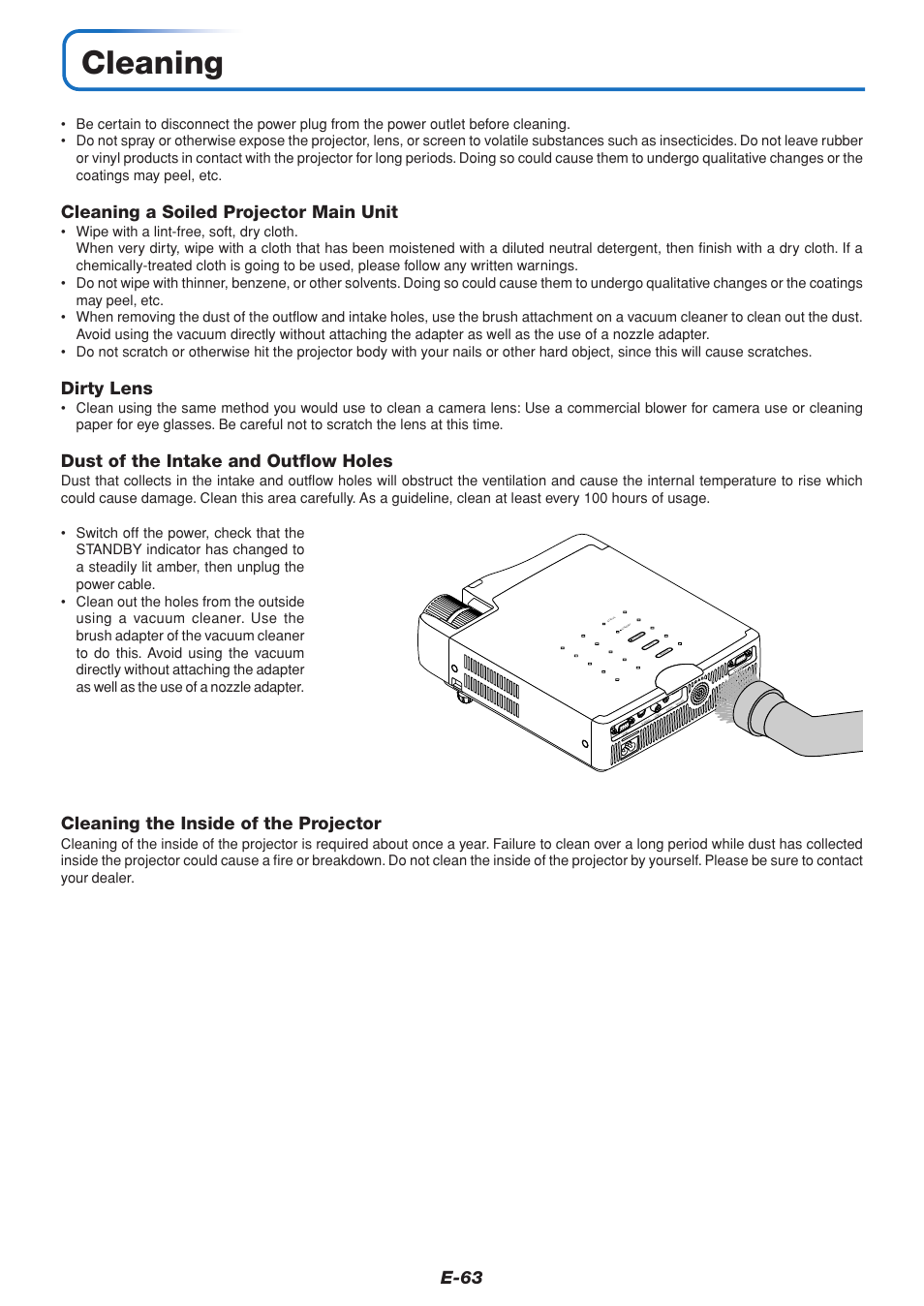 Cleaning, E-63, Cleaning a soiled projector main unit | Dirty lens, Dust of the intake and outflow holes, Cleaning the inside of the projector | PLUS Vision U5-232 User Manual | Page 64 / 72