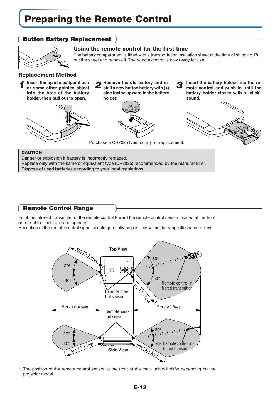 Preparing the remote control, Button battery replacement, Remote control range | E-12, Using the remote control for the first time, Replacement method | PLUS Vision U4-111 User Manual | Page 13 / 80