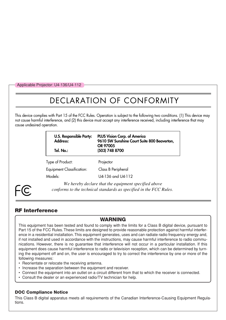 Declaration of conformity, Rf interference warning | PLUS Vision U4-111 User Manual | Page 2 / 80