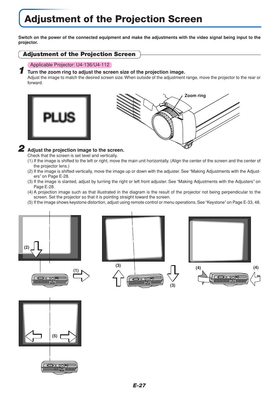 Adjustment of the projection screen | PLUS Vision U4-111 User Manual | Page 28 / 80