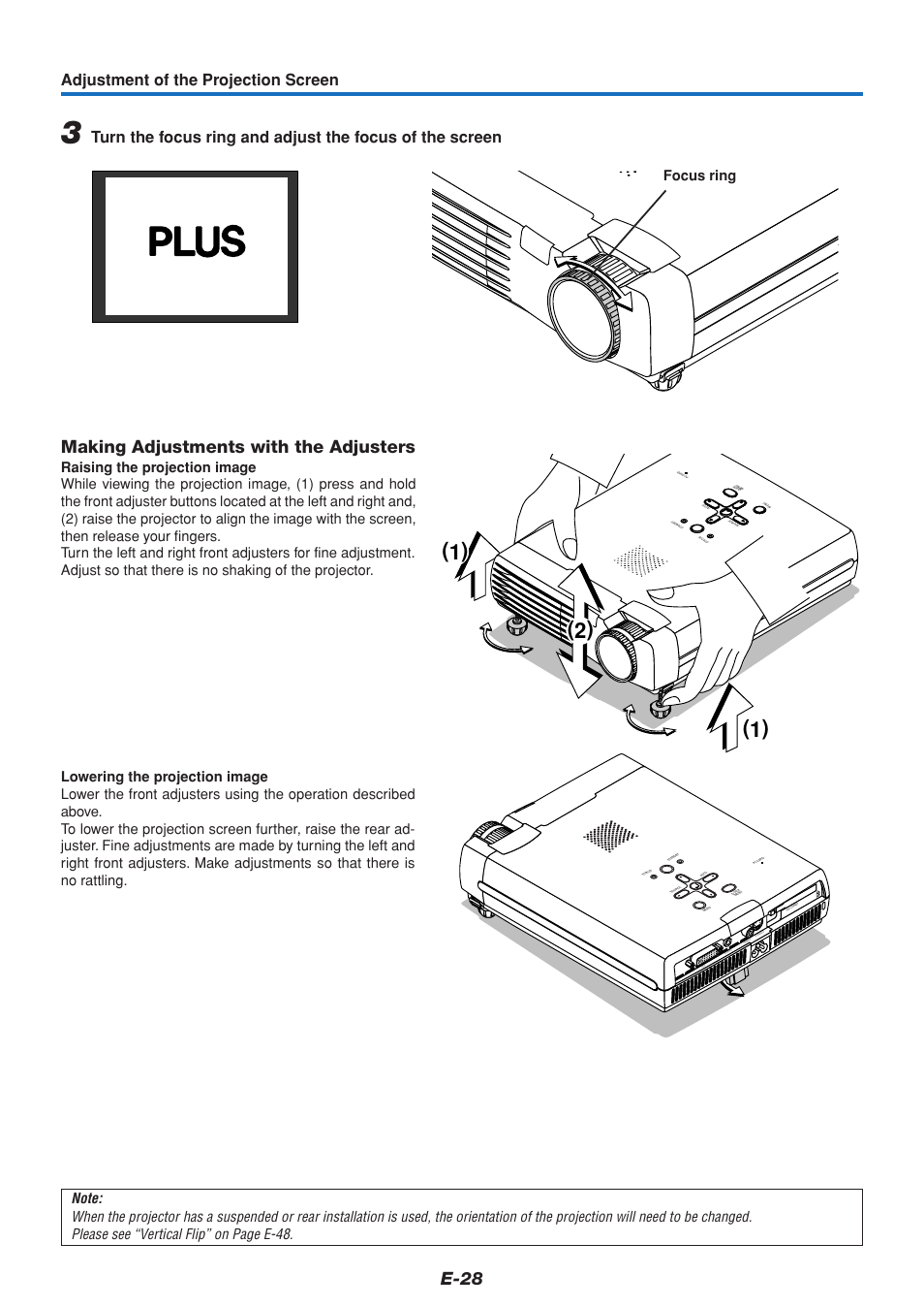 E-28, Making adjustments with the adjusters, Adjustment of the projection screen | Focus ring | PLUS Vision U4-111 User Manual | Page 29 / 80