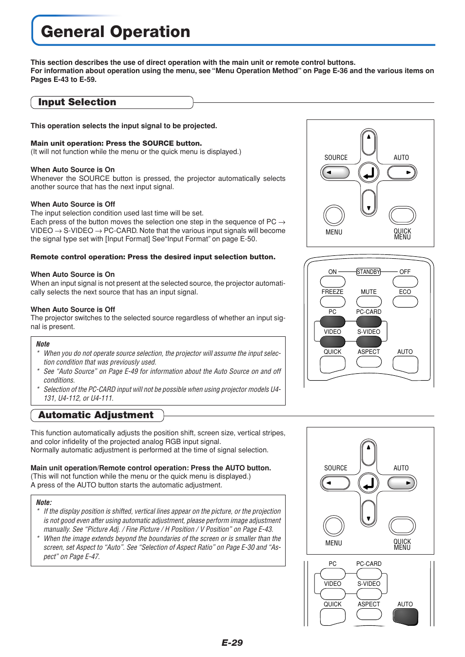 General operation, Input selection, Automatic adjustment | E-29 | PLUS Vision U4-111 User Manual | Page 30 / 80