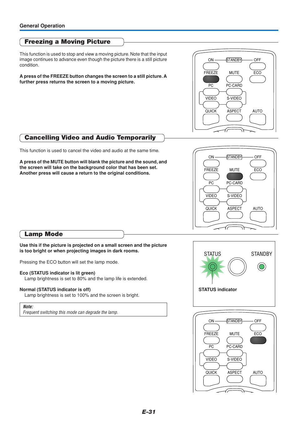 Freezing a moving picture, Cancelling video and audio temporarily, Lamp mode | E-31, Status standby | PLUS Vision U4-111 User Manual | Page 32 / 80