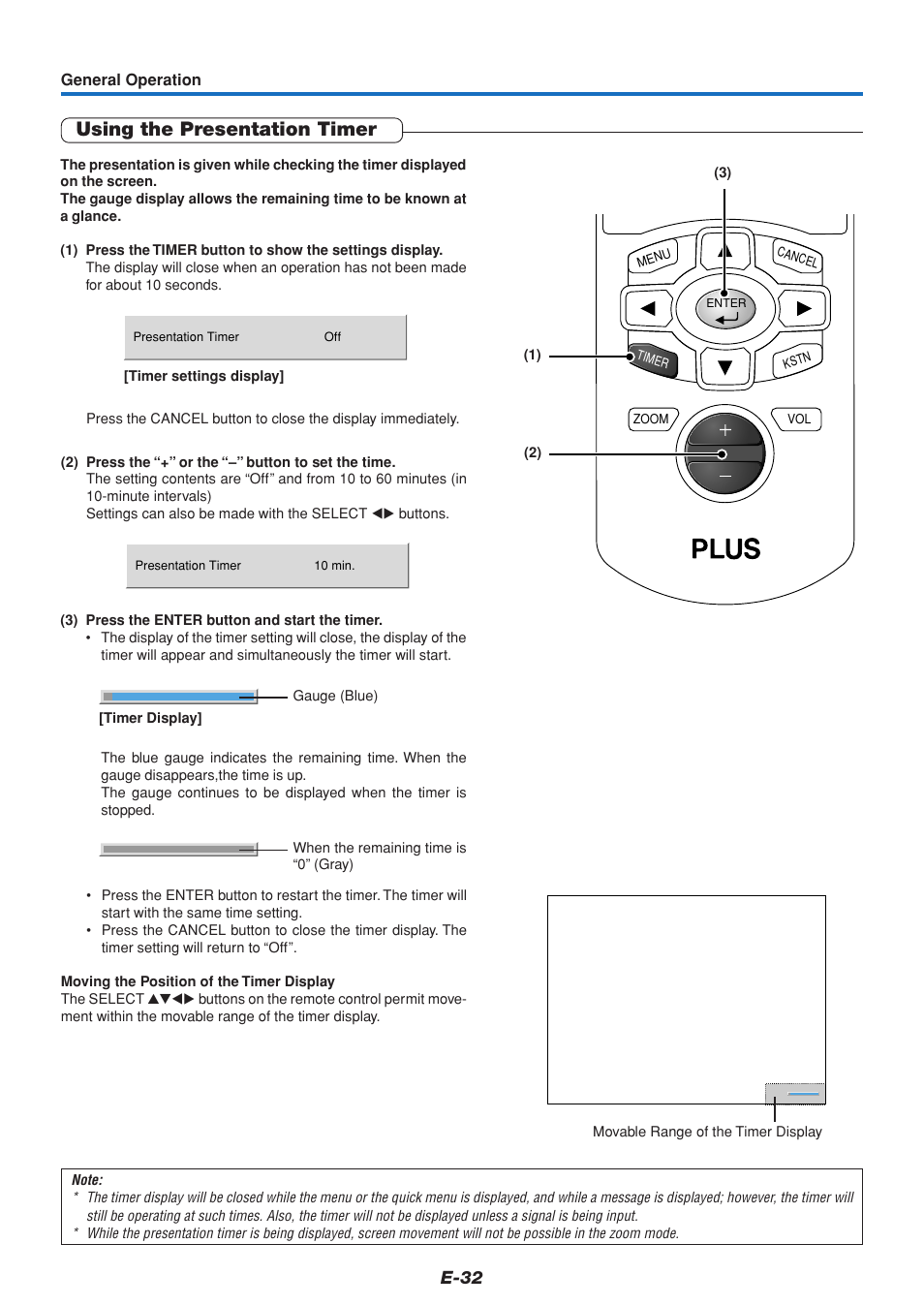 Using the presentation timer, E-32 | PLUS Vision U4-111 User Manual | Page 33 / 80