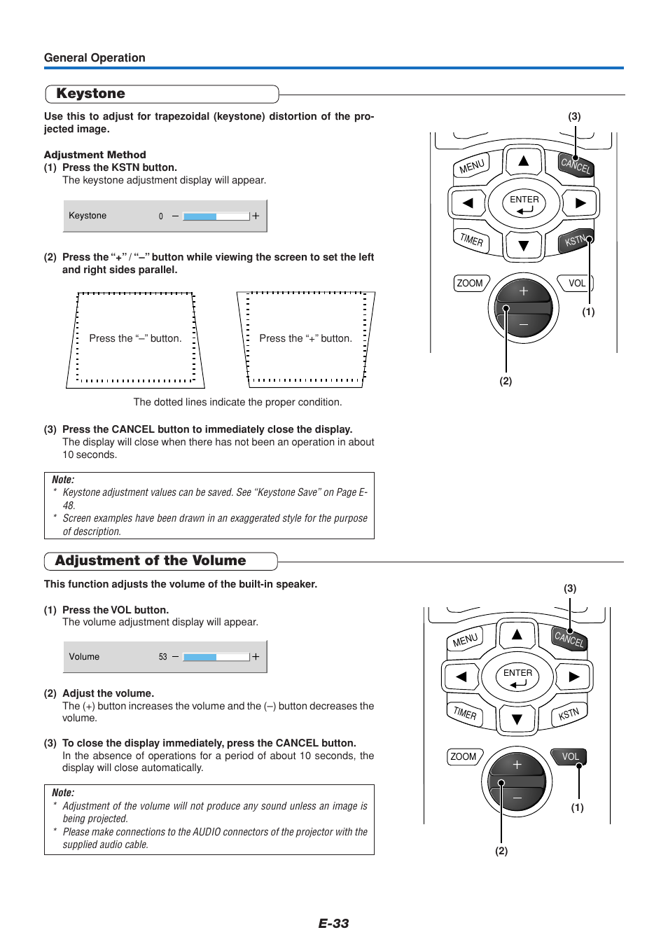 Keystone, Adjustment of the volume, E-33 | PLUS Vision U4-111 User Manual | Page 34 / 80