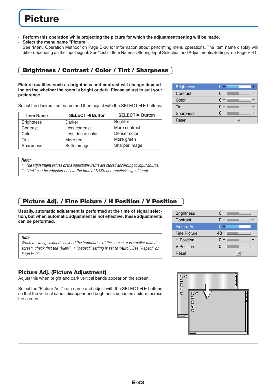 Picture, Brightness / contrast / color / tint / sharpness | PLUS Vision U4-111 User Manual | Page 44 / 80
