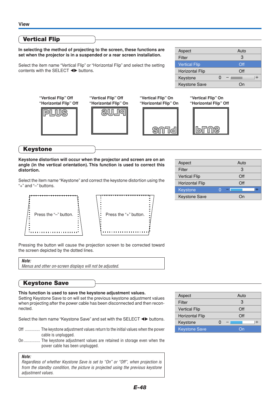 Vertical flip, Keystone, Keystone save | E-48 | PLUS Vision U4-111 User Manual | Page 49 / 80