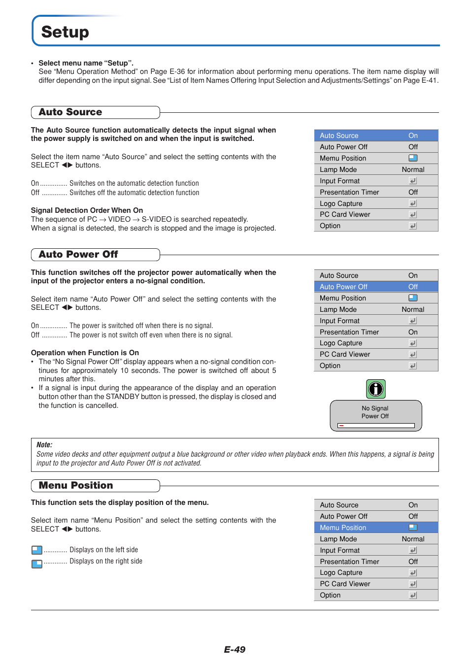 Setup, Auto source, Auto power off | Menu position | PLUS Vision U4-111 User Manual | Page 50 / 80