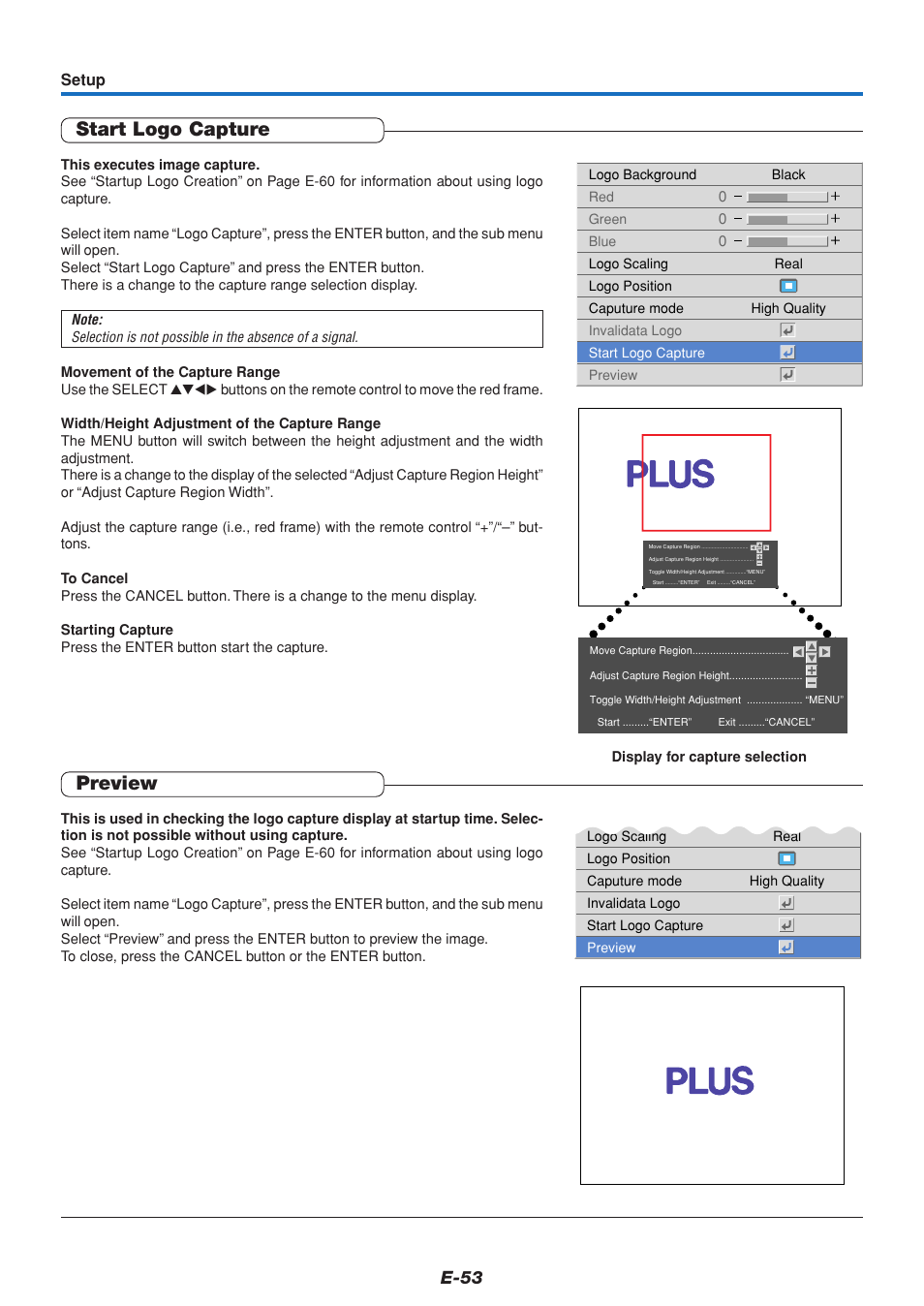 Start logo capture, Preview, E-53 | PLUS Vision U4-111 User Manual | Page 54 / 80