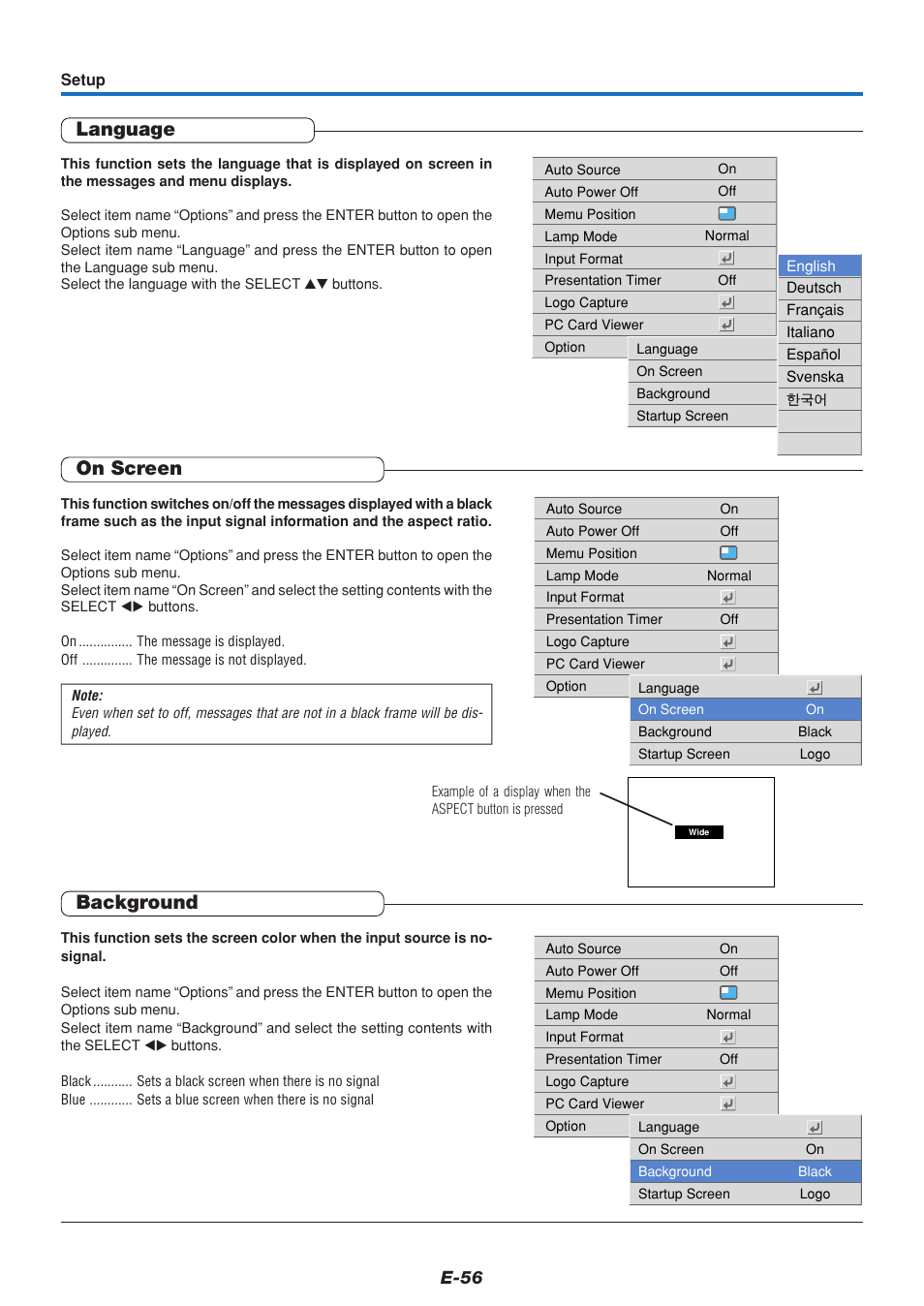 Language, On screen, Background | E-56 | PLUS Vision U4-111 User Manual | Page 57 / 80